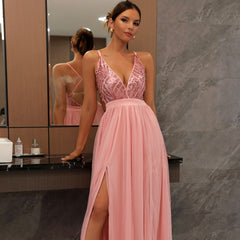 Sparkly Sequin Panel Mesh Deep V Evening Maxi Dress - Pink
