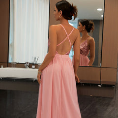 Sparkly Sequin Panel Mesh Deep V Evening Maxi Dress - Pink