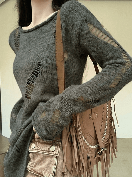 Women's Green Distressed Knitted Top with Chain Details main image 1
