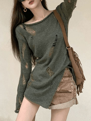 Split Distressed Long Sleeve Knit Top