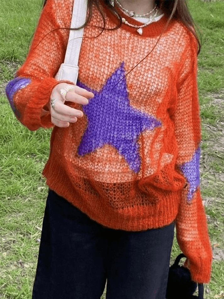 Star Long Sleeve Sheer Knit Top