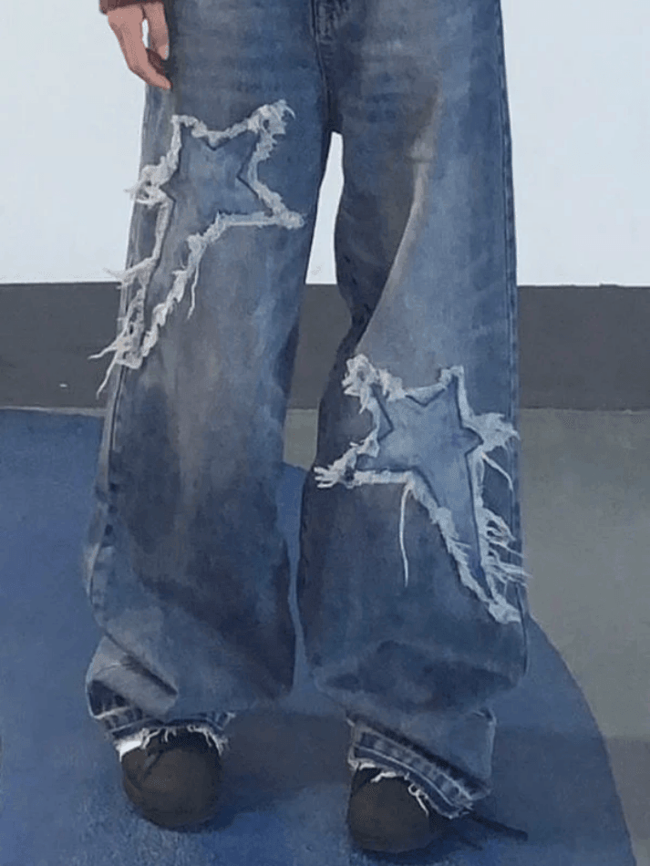 Star Patch Distressed Blue Boyfriend Jeans