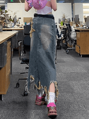 Star Patch Distressed Denim Maxi Skirt