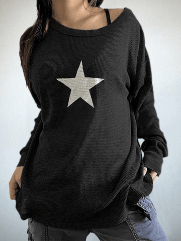 Top de punto gofre de manga larga con estampado de estrellas