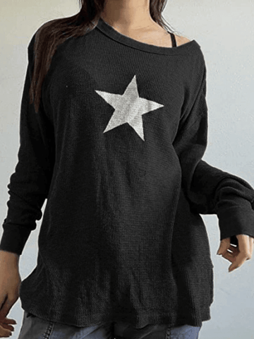 Top de punto gofre de manga larga con estampado de estrellas