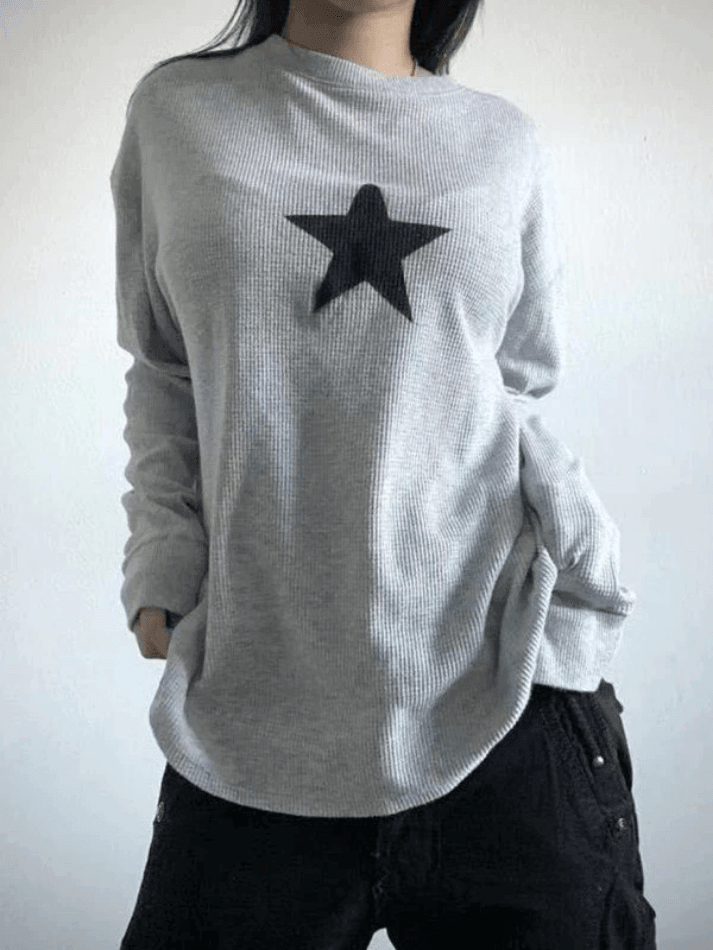 Star Print Long Sleeve Waffle Knit Top