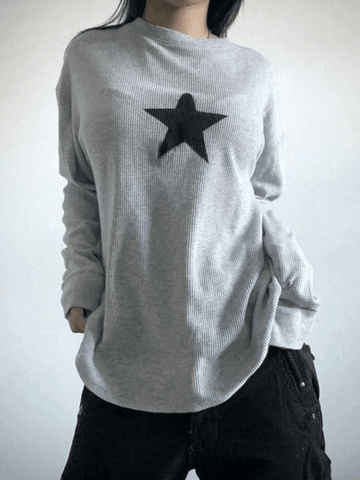 Top de punto gofre de manga larga con estampado de estrellas