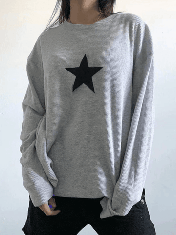 Top de punto gofre de manga larga con estampado de estrellas