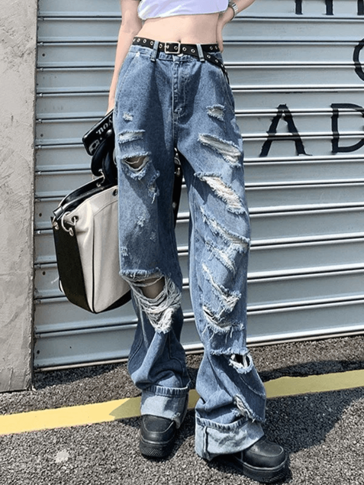 Straight Leg Frayed Ripped Jeans
