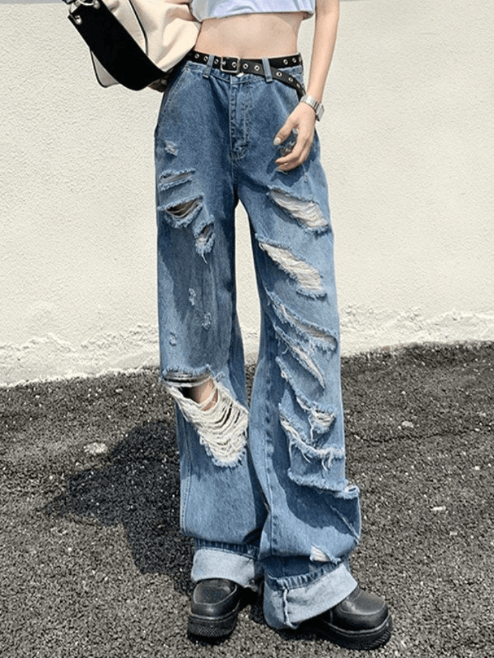 Straight Leg Frayed Ripped Jeans