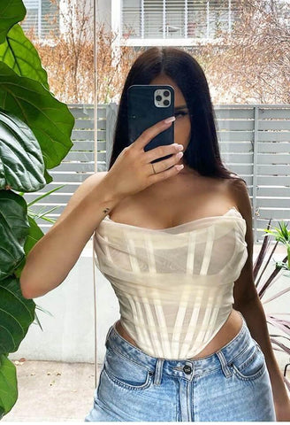 Trägerloses Bustier-Korsett-Crop-Top aus Netzstoff mit Stäbchen