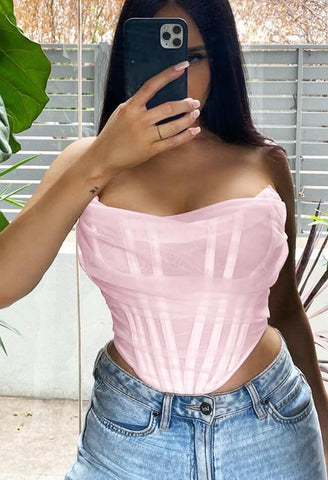 Trägerloses Bustier-Korsett-Crop-Top aus Netzstoff mit Stäbchen