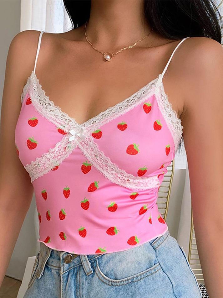 Strawberry Print Lace Trim Crop Cami Top