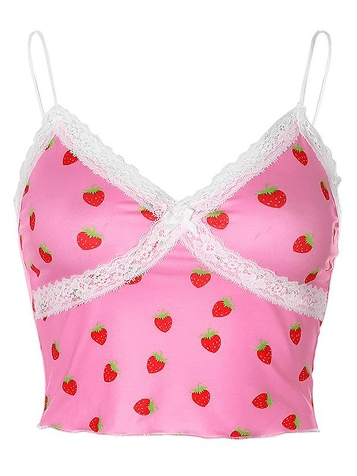 Strawberry Print Lace Trim Crop Cami Top