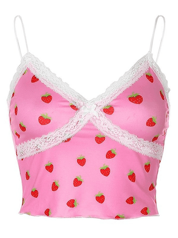 Strawberry Print Lace Trim Crop Cami Top