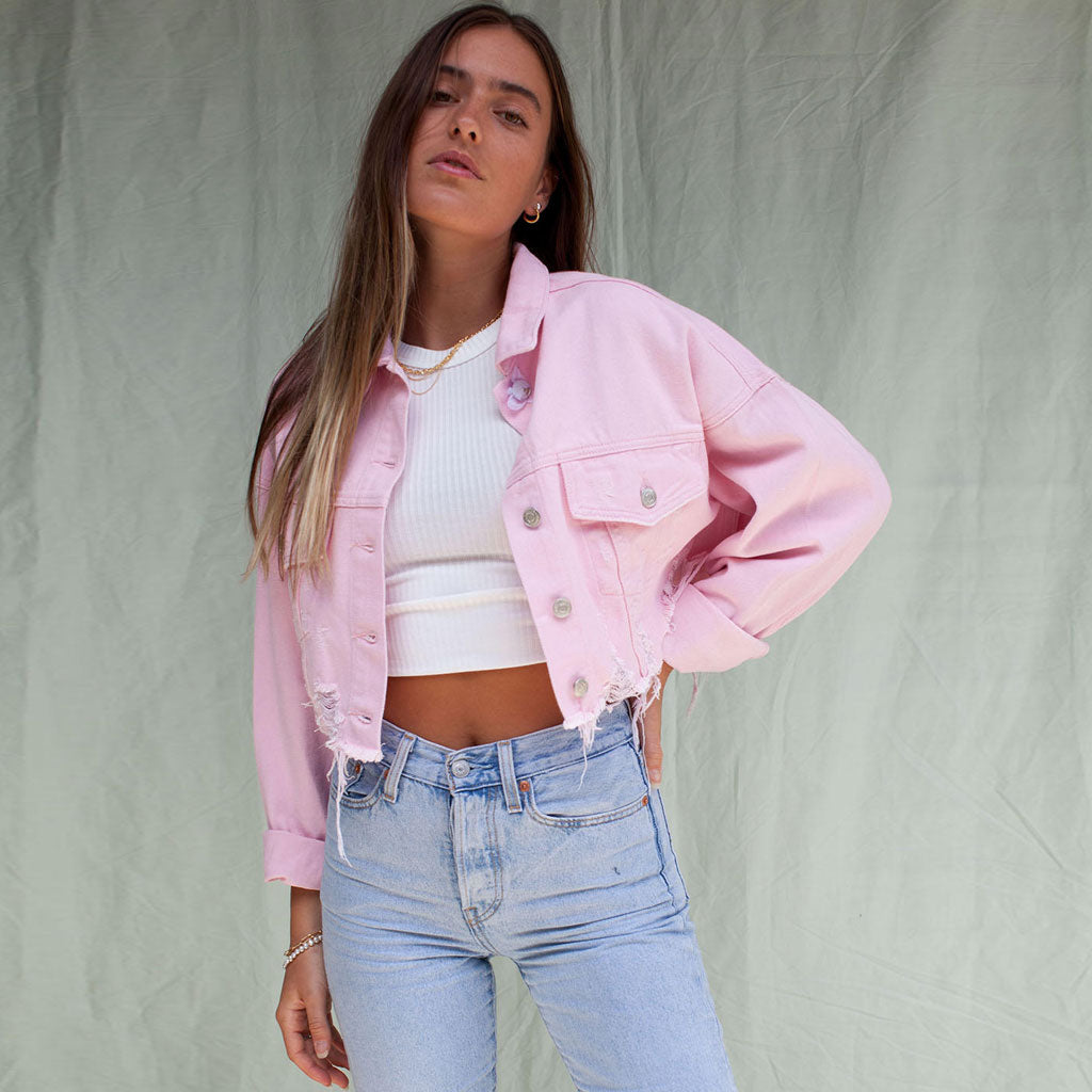 Street Long Sleeve Frayed Crop Denim Jacket - Pink