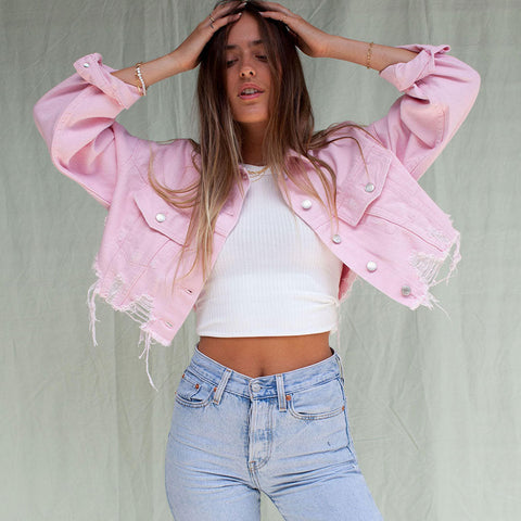 Street Long Sleeve Frayed Crop Denim Jacket - Pink