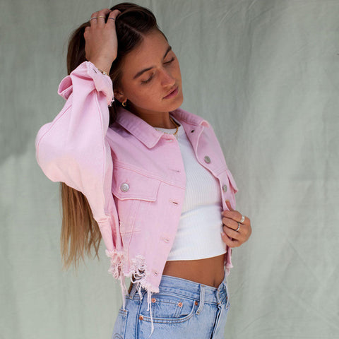 Street Long Sleeve Frayed Crop Denim Jacket - Pink