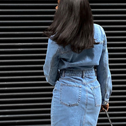 Vestido vaquero midi de manga larga estilo urbano - Azul