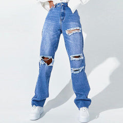 Street Style Cut Out High Waist Frayed Straight Leg Jeans- Blue