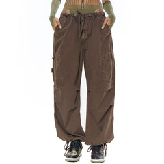 Street Style Multi Pocket Wide Leg Baggy Cargo Pants - Brown
