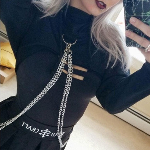 Street Style Chain Long Sleeve Cropped Hoodie - Black