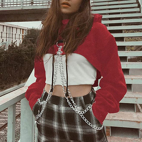 Street Style Chain Long Sleeve Cropped Hoodie - Red