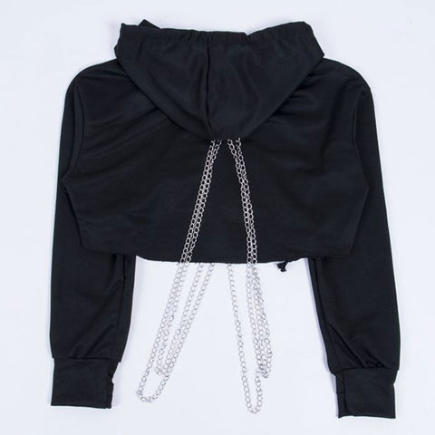 Street Style Chain Long Sleeve Cropped Hoodie - Black