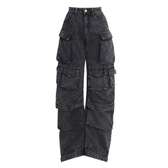 Street Style Panel Trim Patch Pocket Cargo Jeans - Gray