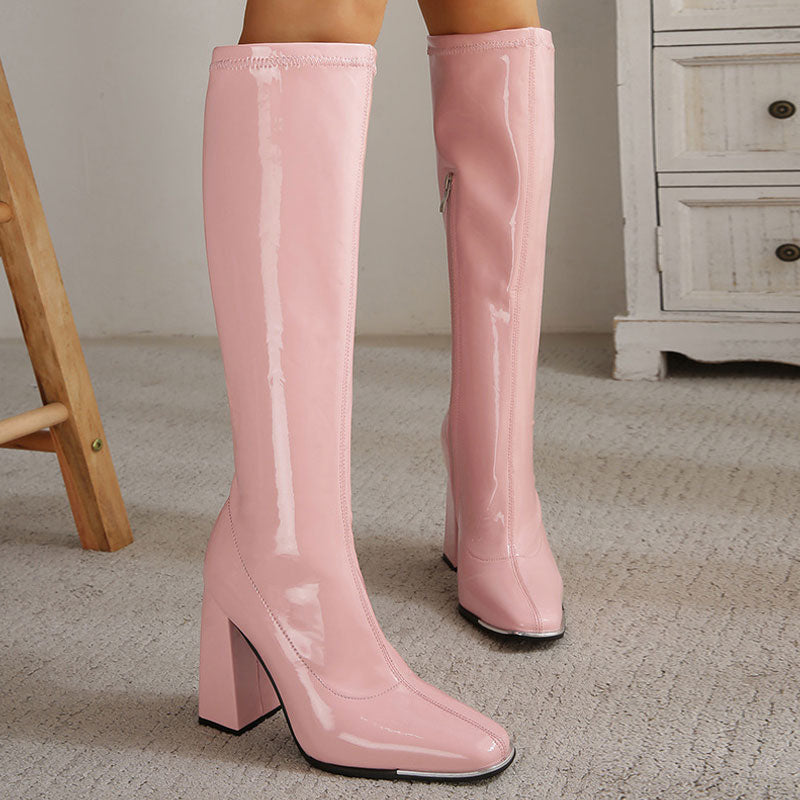Striking Square Toe Patent Block Heel Knee High Boots - Pink