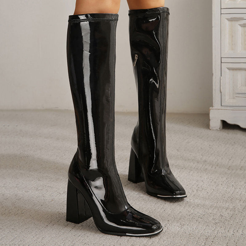 Striking Square Toe Patent Block Heel Knee High Boots - Black