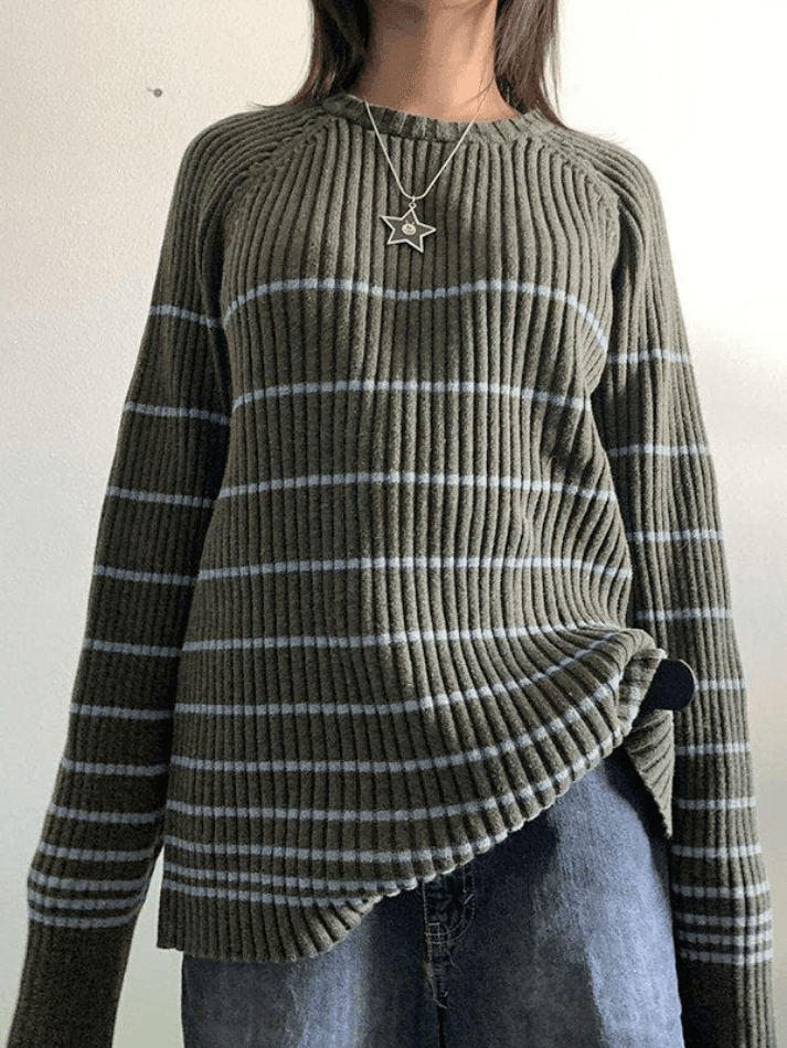 Striped Ribbed Pullover Knit Sweater