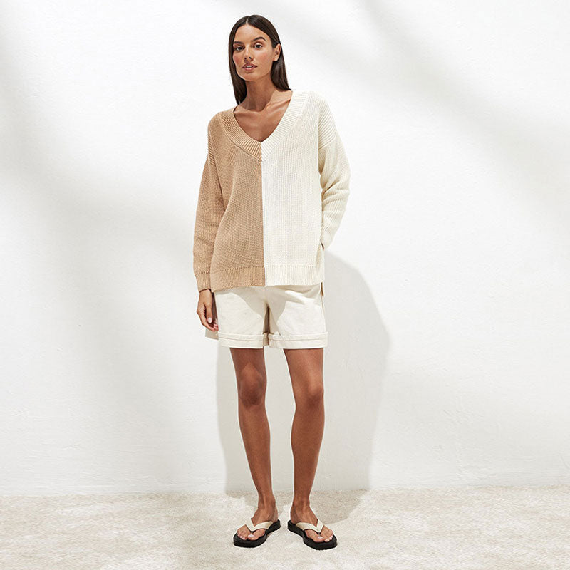 Stylish Contrast Color V Neck Long Sleeve Sweater - Khaki