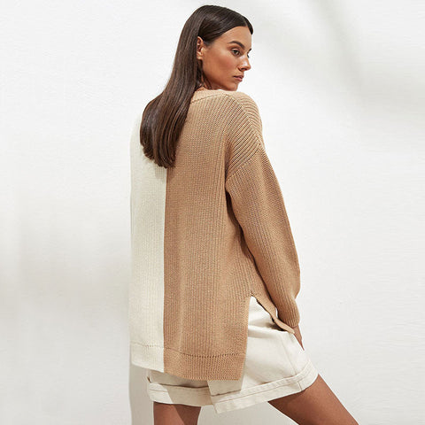 Stylish Contrast Color V Neck Long Sleeve Sweater - Khaki