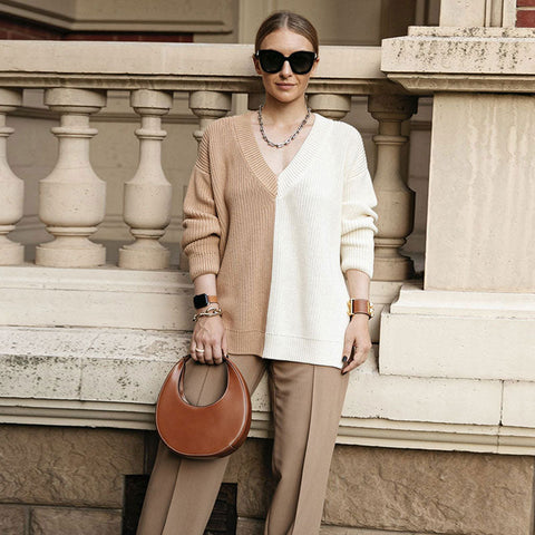 Stylish Contrast Color V Neck Long Sleeve Sweater - Khaki