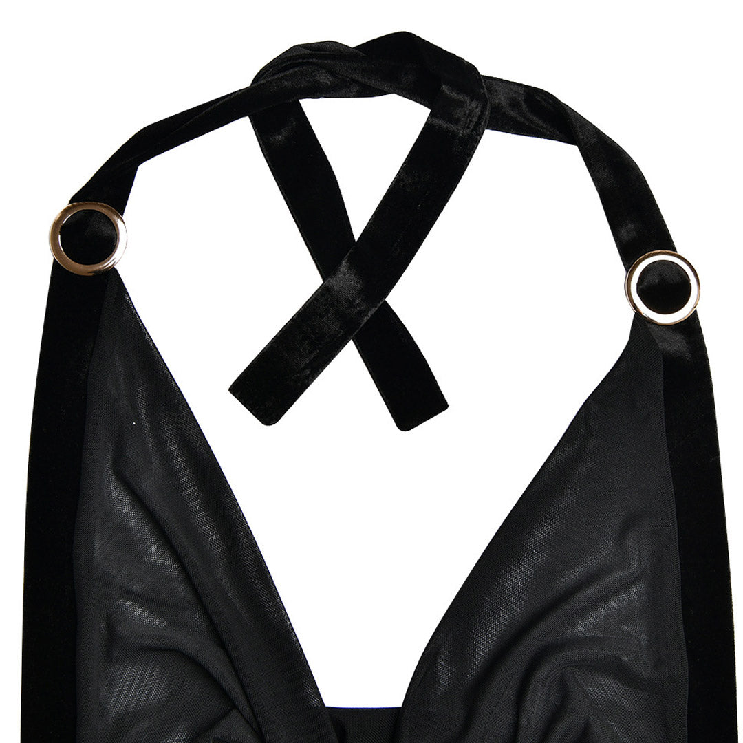 Stylish High Split Sheer Mesh O Ring Halter Cowl Neck Midi Dress - Black