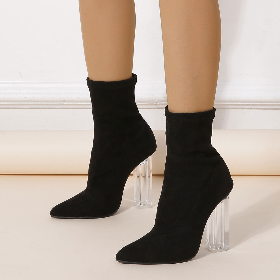 Stylish Pointed Toe Clear Block High Heel Suede Sock Ankle Boots - Black