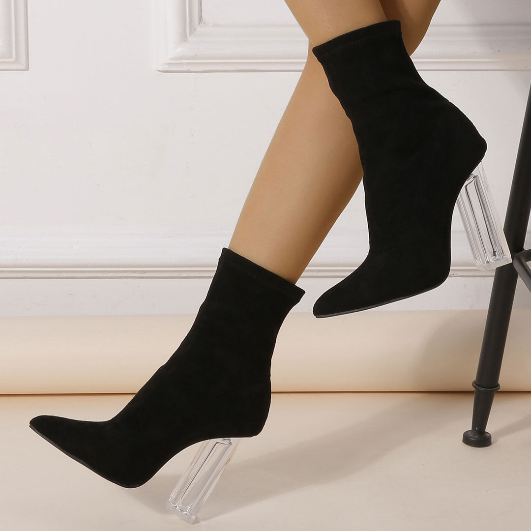 Stylish Pointed Toe Clear Block High Heel Suede Sock Ankle Boots - Black