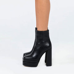 Stylish Square Toe Side Zip Platform Block Heel Mid Calf Boots - Black