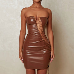 Sultry Strapless Lace Up Cut Out Bodycon Club Mini Dress - Brown