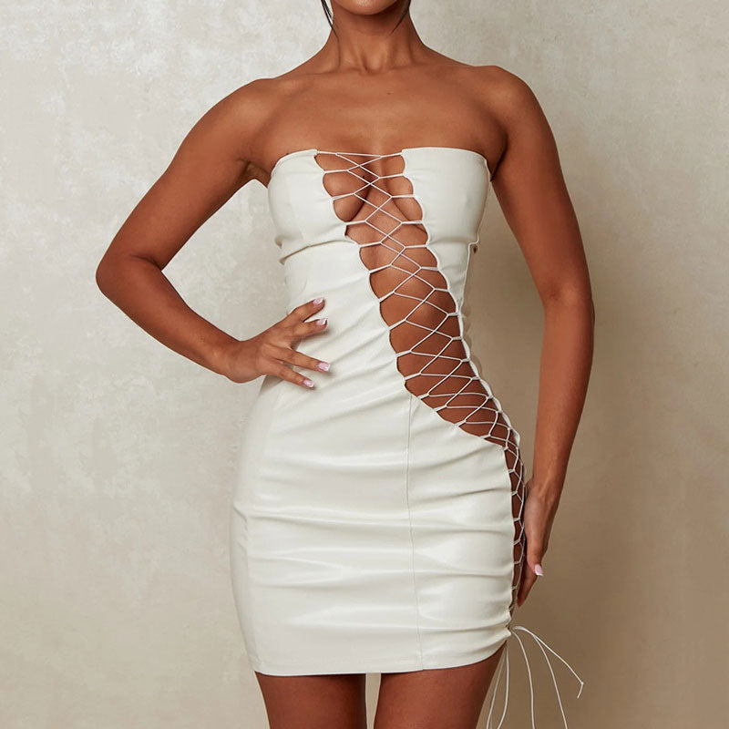 Sultry Strapless Lace Up Cut Out Bodycon Club Mini Dress - White