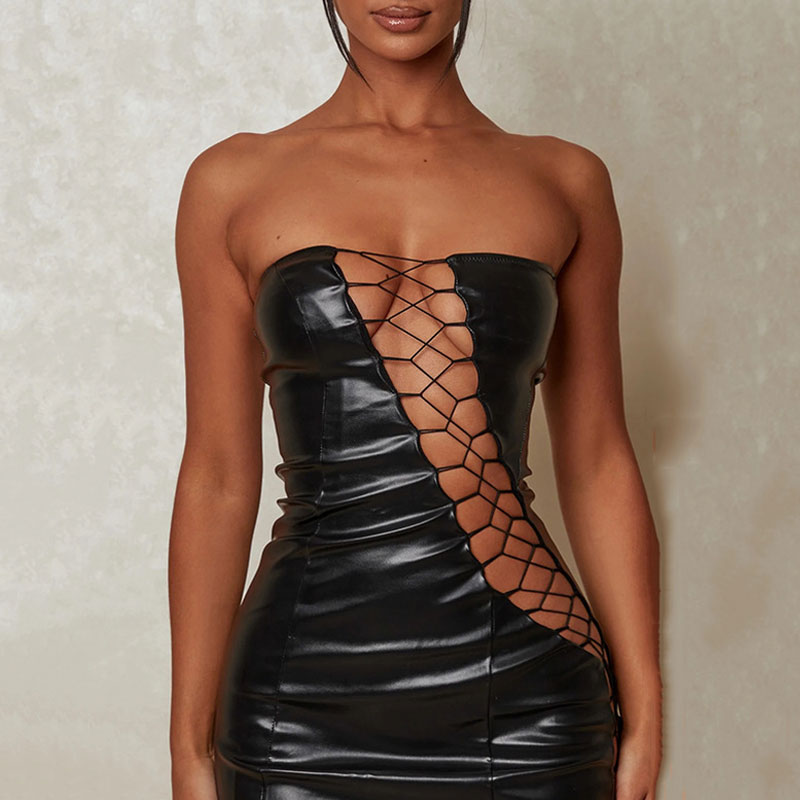 Sultry Strapless Lace Up Cut Out Bodycon Club Mini Dress - Black