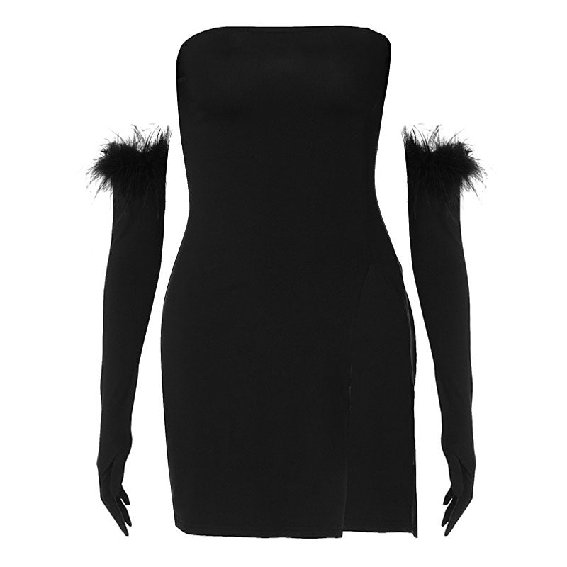 Sultry High Split Glove Strapless Party Mini Dress - Black