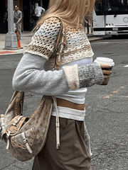 Super Crop Long Sleeve Striped Crochet Knit Top
