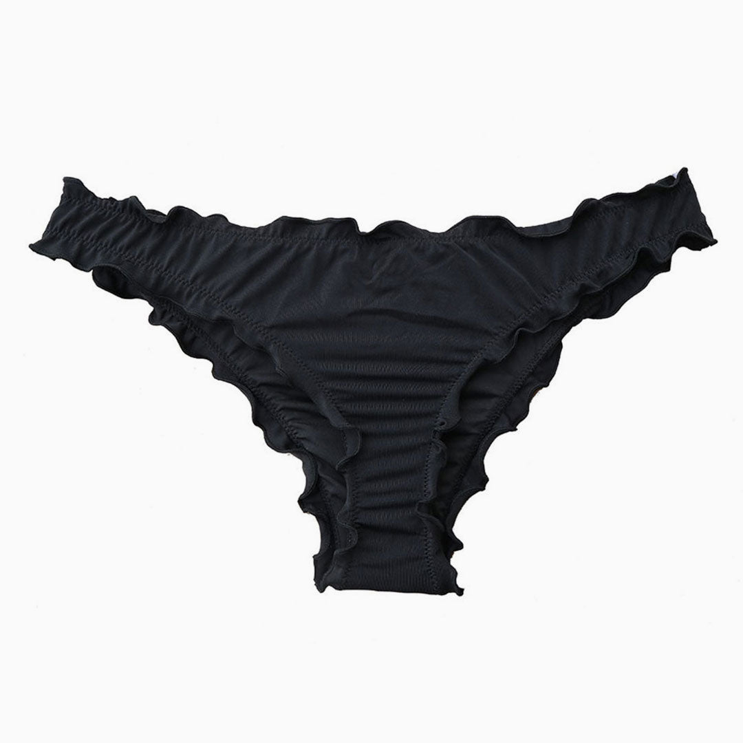 Sweet Solid Color High Cut Ruched Ruffle Trim Bikini Scrunch Bottom - Black