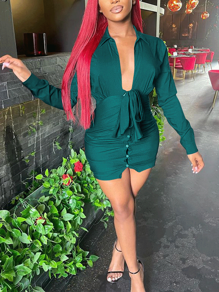 Deep V-neck Front Tie Mini Dress – Omcne