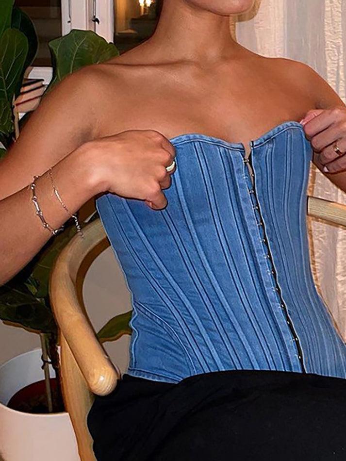 Bandeau-Korsett-Oberteil aus Denim mit Bindeband hinten