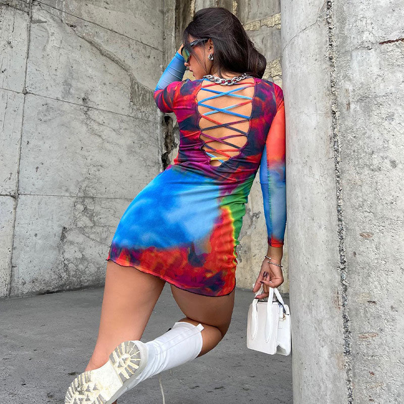 Tie Dye Crew Neck Long Sleeve Cut Out Bodycon Mini Dress