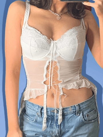 Kurzes Camisole-Top aus Netzstoff mit Spitzeneinsatz und Schnürung vorne