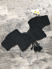 Tie Front Short Sleeve Crochet Bikini Top